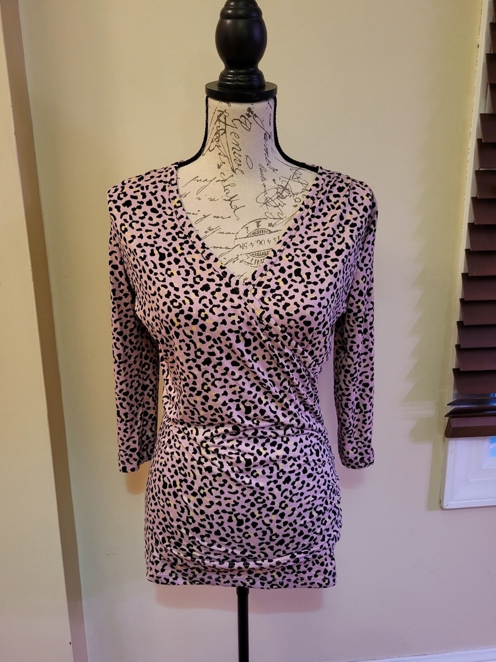 Doublju Lilac Leopard Print V-Neck Wrap Style Top 3/4 Sleeves Size M